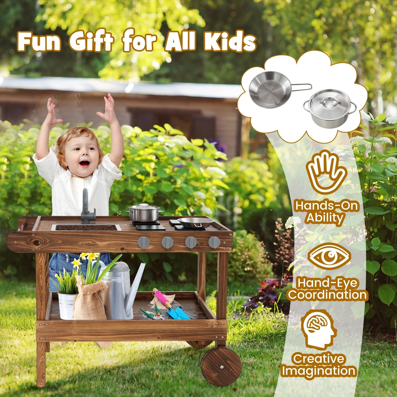 Outdoor Movable Mud Kitchen with 2 Rolling Wheels and 1 Push Handle, Natural Play Kitchen Sets   at Gallery Canada