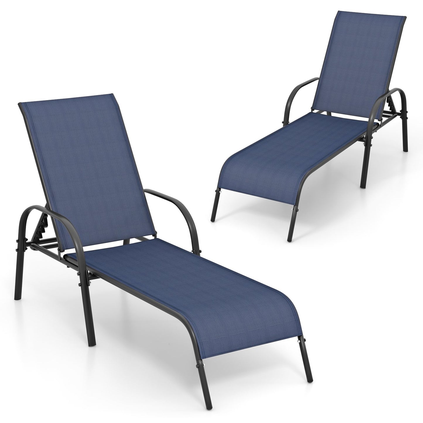 2 Pcs Outdoor Patio Lounge Chair Chaise Fabric with Adjustable Reclining Armrest, Navy Outdoor Chaise Lounges   at Gallery Canada