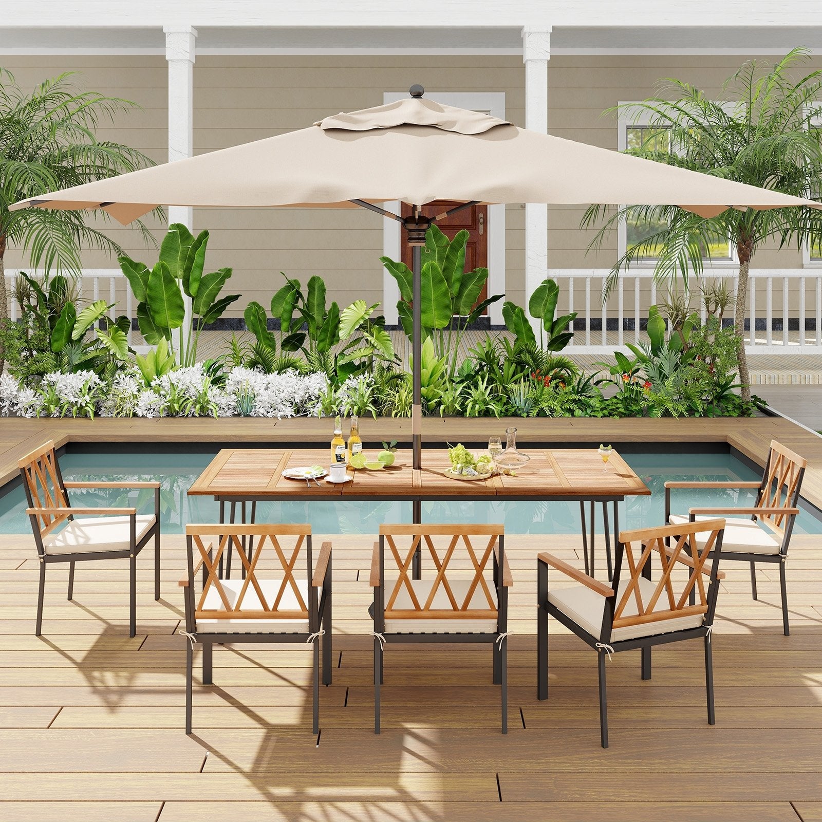 86.5 Inch Rectangular Patio Dining Table for 8 with Acacia Wood Tabletop and Umbrella Hole-86.5 inches, Natural & Black Patio Dining Tables   at Gallery Canada