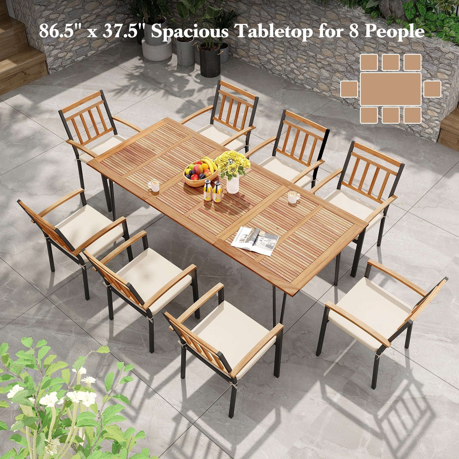 86.5 Inch Rectangular Patio Dining Table for 8 with Acacia Wood Tabletop and Umbrella Hole-86.5 inches, Natural & Black Patio Dining Tables   at Gallery Canada