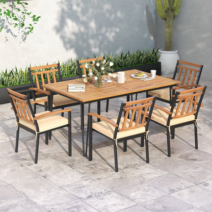 63 Inch Rectangular Outdoor Dining Table for 6 People with Acacia Wood Tabletop and Umbrella Hole-63 inches, Natural & Black Patio Dining Tables   at Gallery Canada