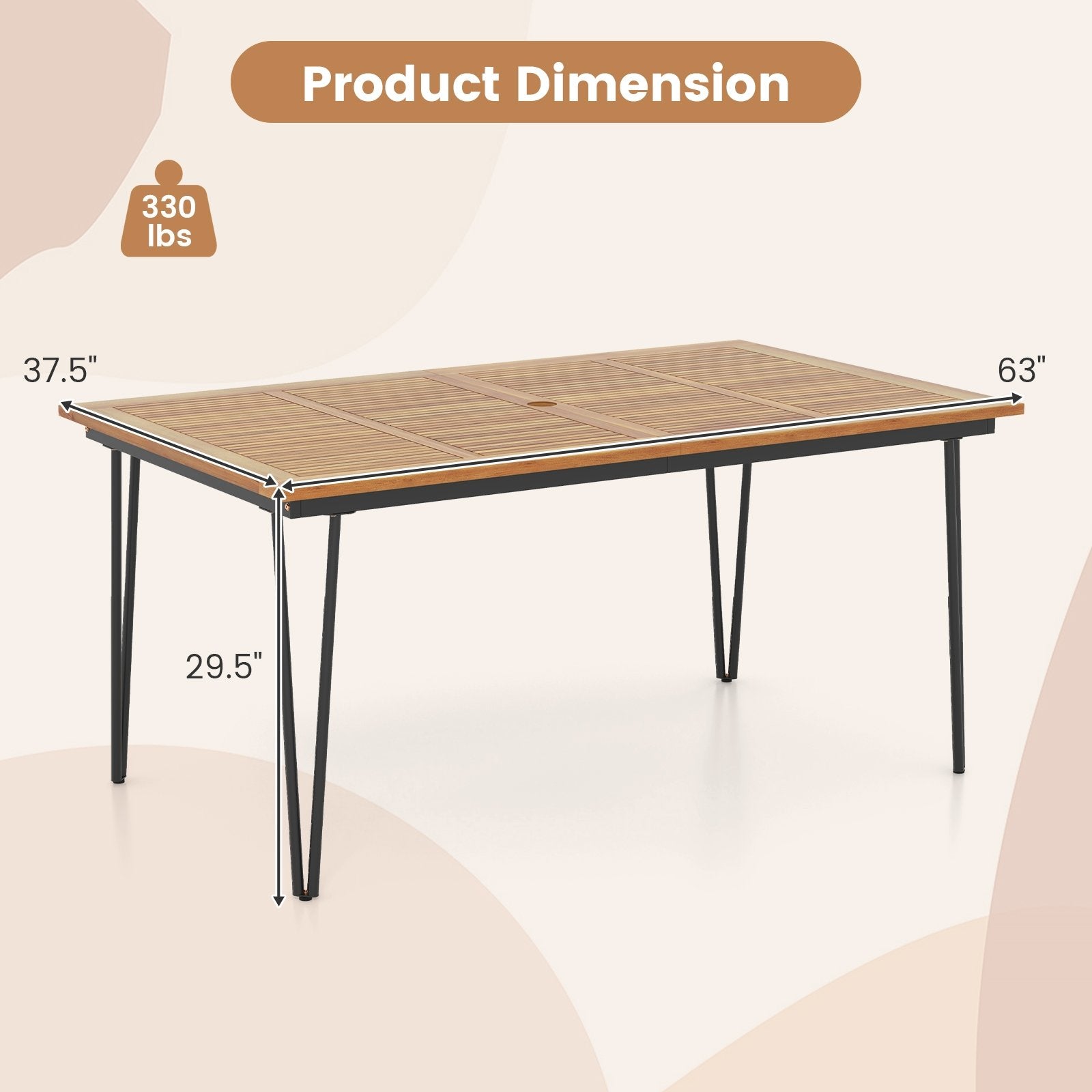 63 Inch Rectangular Outdoor Dining Table for 6 People with Acacia Wood Tabletop and Umbrella Hole-63 inches, Natural & Black Patio Dining Tables   at Gallery Canada