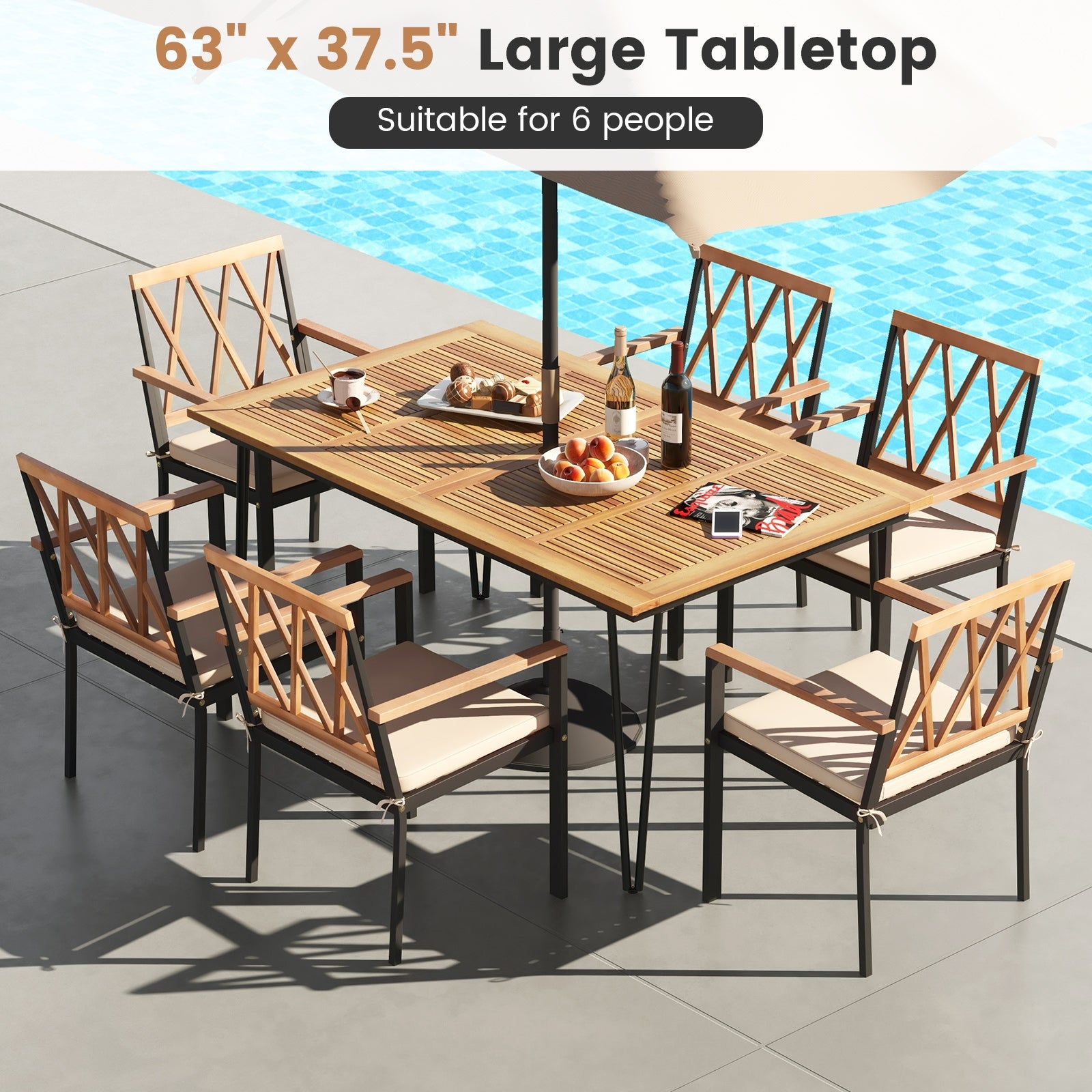 63 Inch Rectangular Outdoor Dining Table for 6 People with Acacia Wood Tabletop and Umbrella Hole-63 inches, Natural & Black Patio Dining Tables   at Gallery Canada