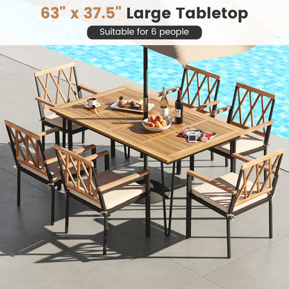 63 Inch Rectangular Outdoor Dining Table for 6 People with Acacia Wood Tabletop and Umbrella Hole-63 inches, Natural & Black Patio Dining Tables   at Gallery Canada