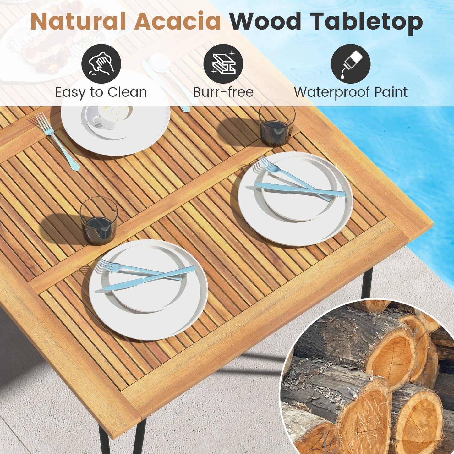 63 Inch Rectangular Outdoor Dining Table for 6 People with Acacia Wood Tabletop and Umbrella Hole-63 inches, Natural & Black Patio Dining Tables   at Gallery Canada