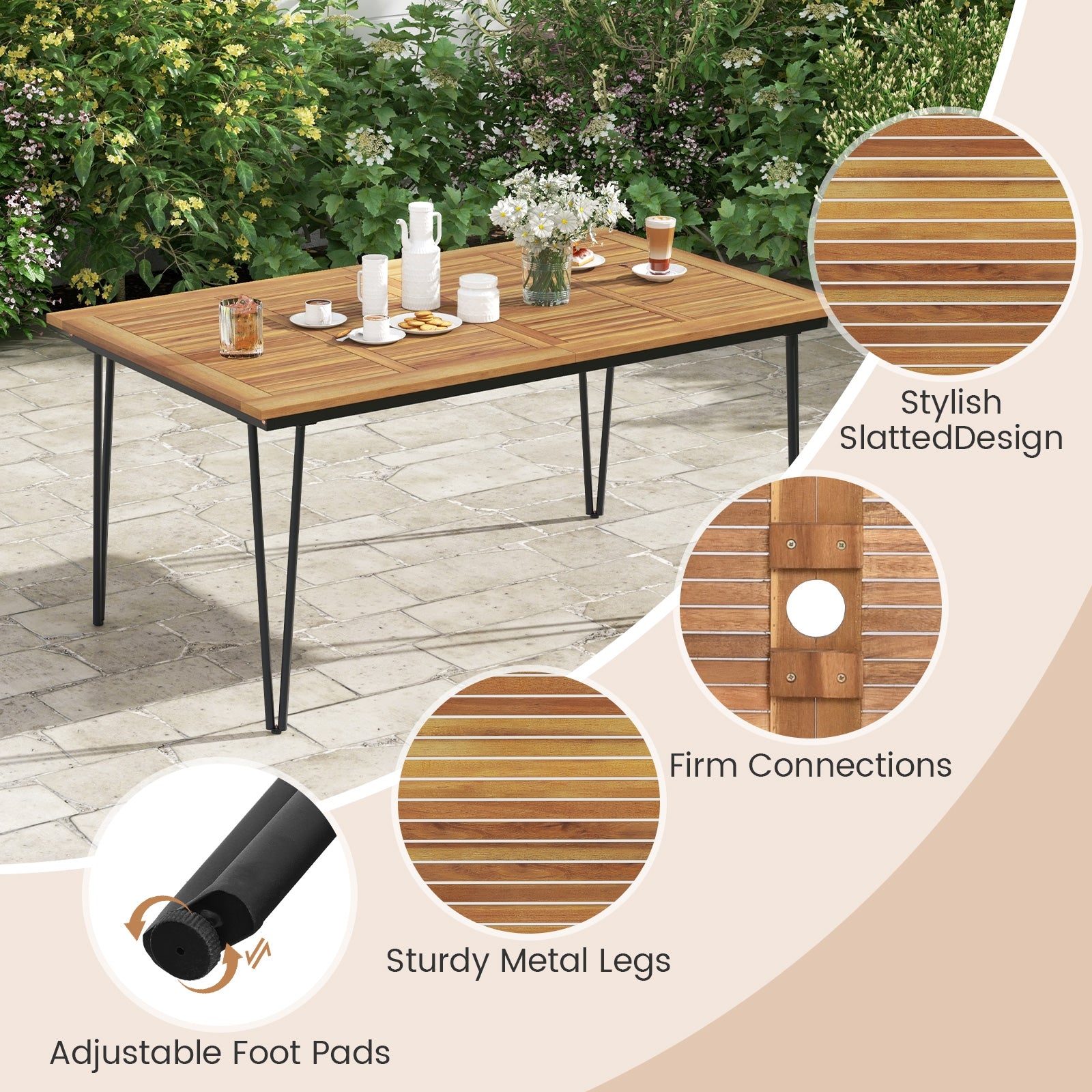 63 Inch Rectangular Outdoor Dining Table for 6 People with Acacia Wood Tabletop and Umbrella Hole-63 inches, Natural & Black Patio Dining Tables   at Gallery Canada