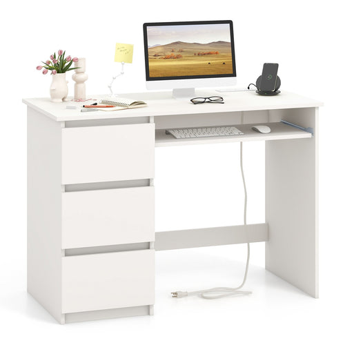 Computer Desk with Power Outlet Keyboard Tray and 3 Large Drawers, White