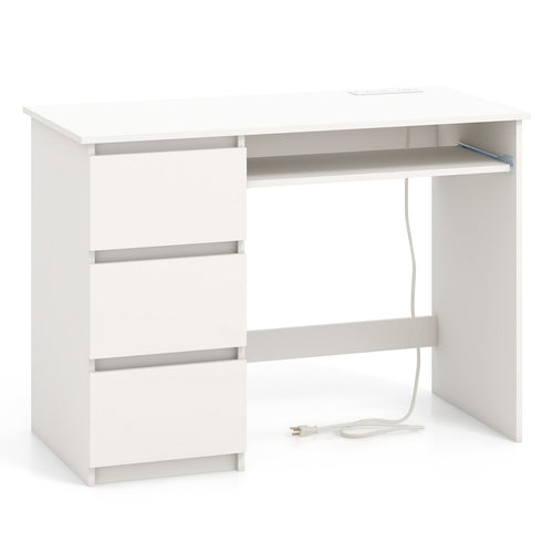 Computer Desk with Power Outlet Keyboard Tray and 3 Large Drawers, White