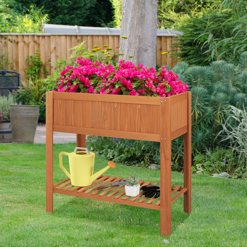 Outdoor Raised Garden Bed Fir Wood Planter Box with Bottom Storage Shelf and Protective Liner, Brown