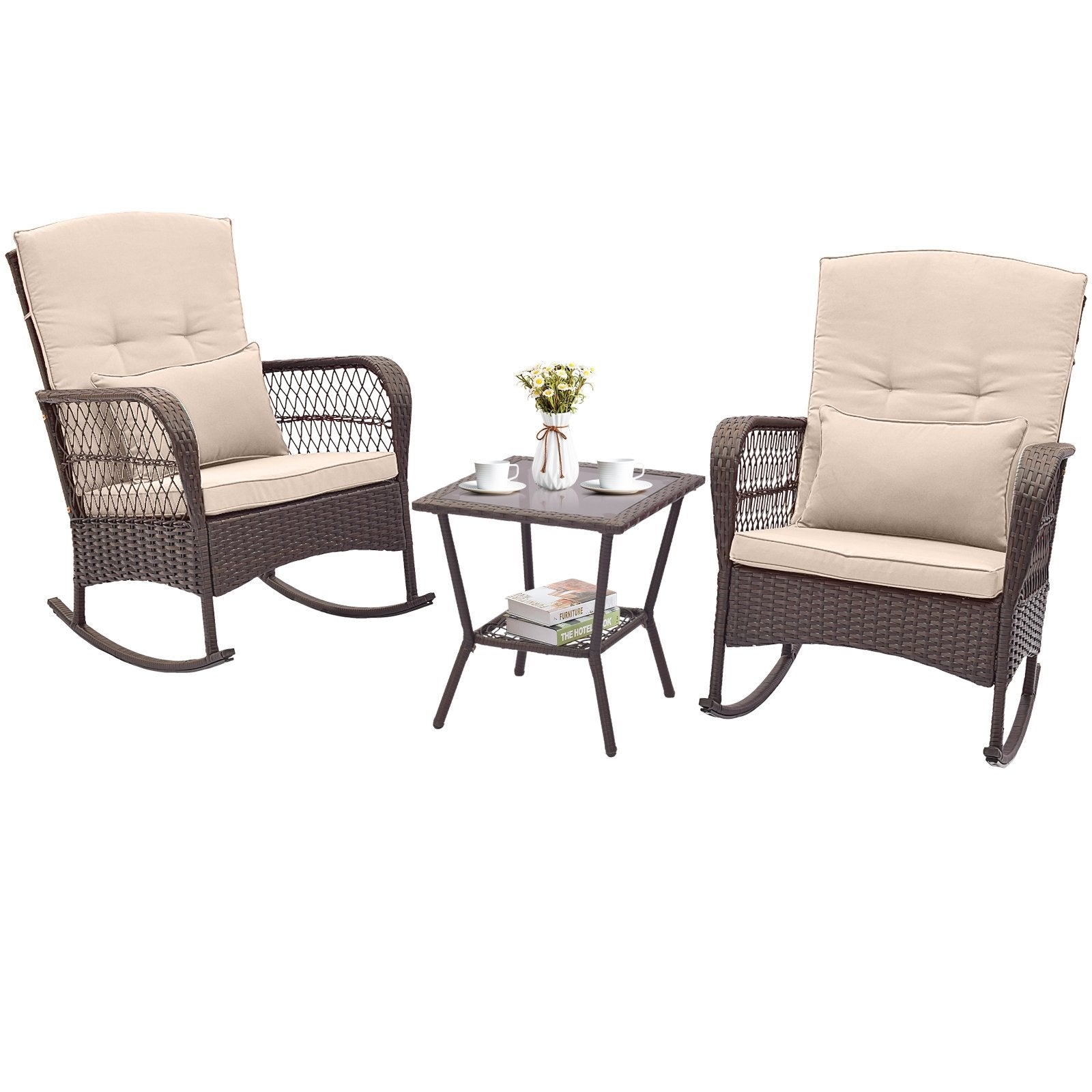 3 Pieces Rocking Bistro Set with 2-Tier Coffee Table, Brown Patio Conversation Sets Brown  at Gallery Canada