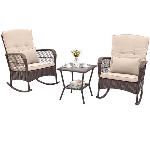 3 Pieces Rocking Bistro Set with 2-Tier Coffee Table, Brown