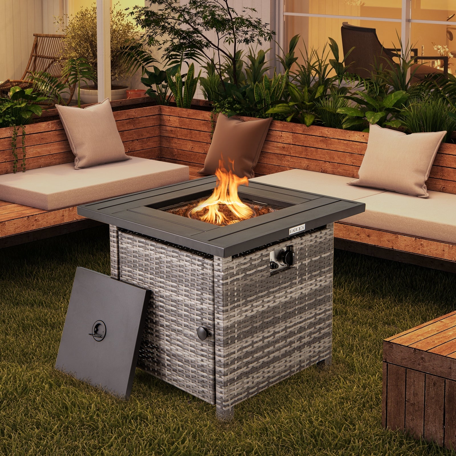 29 Inch Propane Rattan Fire pit Table with Lava Rocks and Protective Cover, Gray Fire Pit Tables   at Gallery Canada