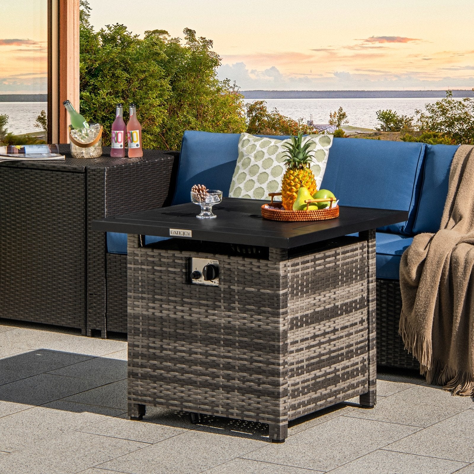 29 Inch Propane Rattan Fire pit Table with Lava Rocks and Protective Cover, Gray Fire Pit Tables   at Gallery Canada