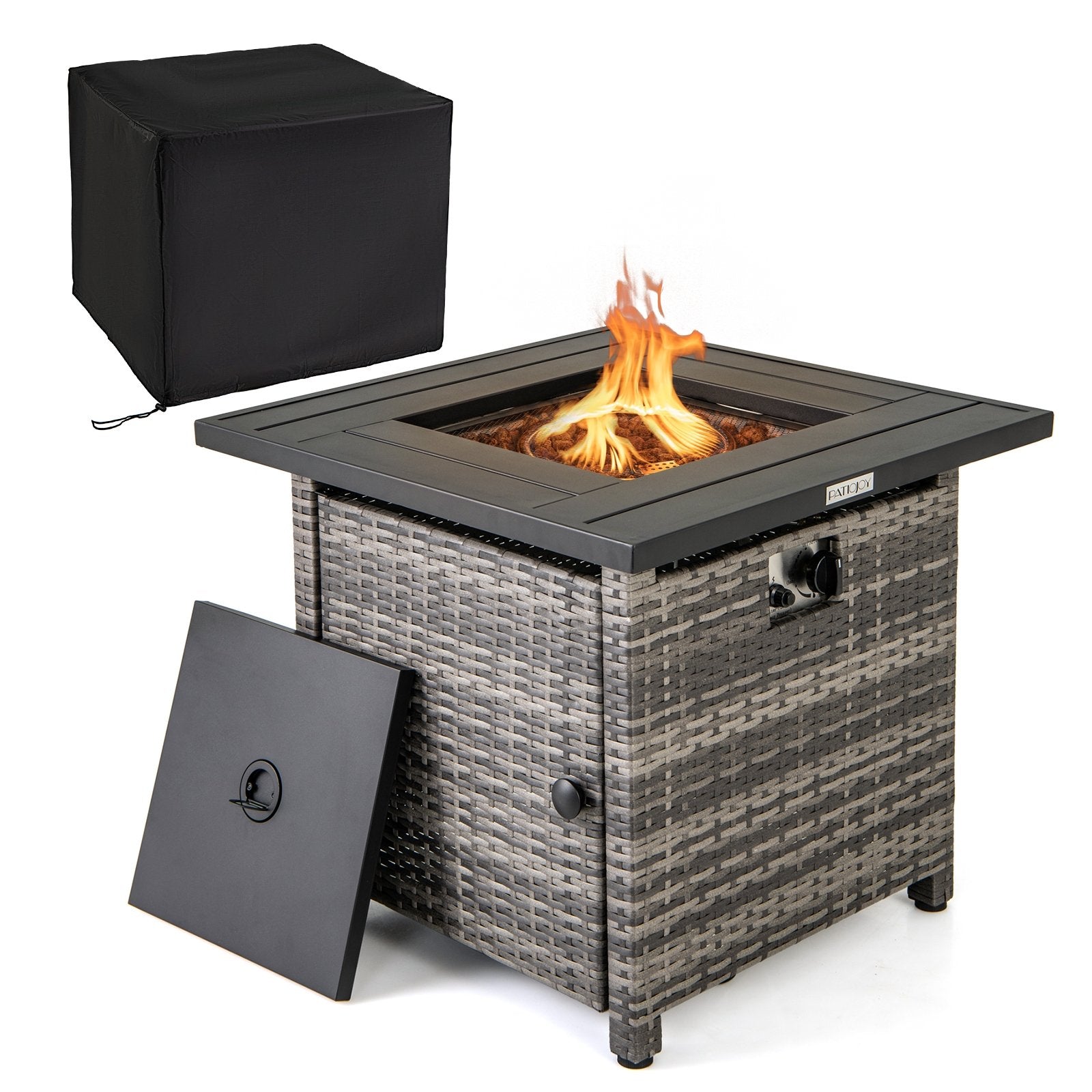 29 Inch Propane Rattan Fire pit Table with Lava Rocks and Protective Cover, Gray Fire Pit Tables   at Gallery Canada