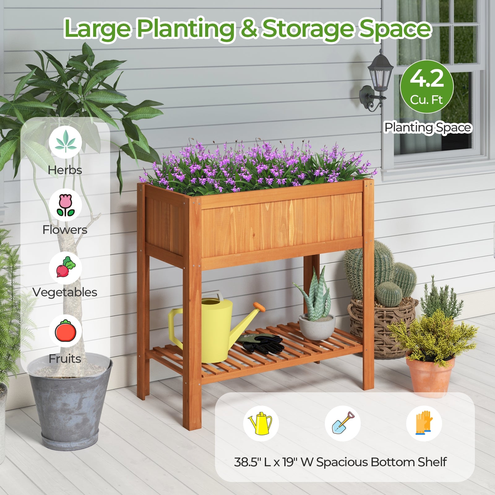 Outdoor Raised Garden Bed Fir Wood Planter Box with Bottom Storage Shelf and Protective Liner, Brown Raised Garden Beds at Gallery Canada