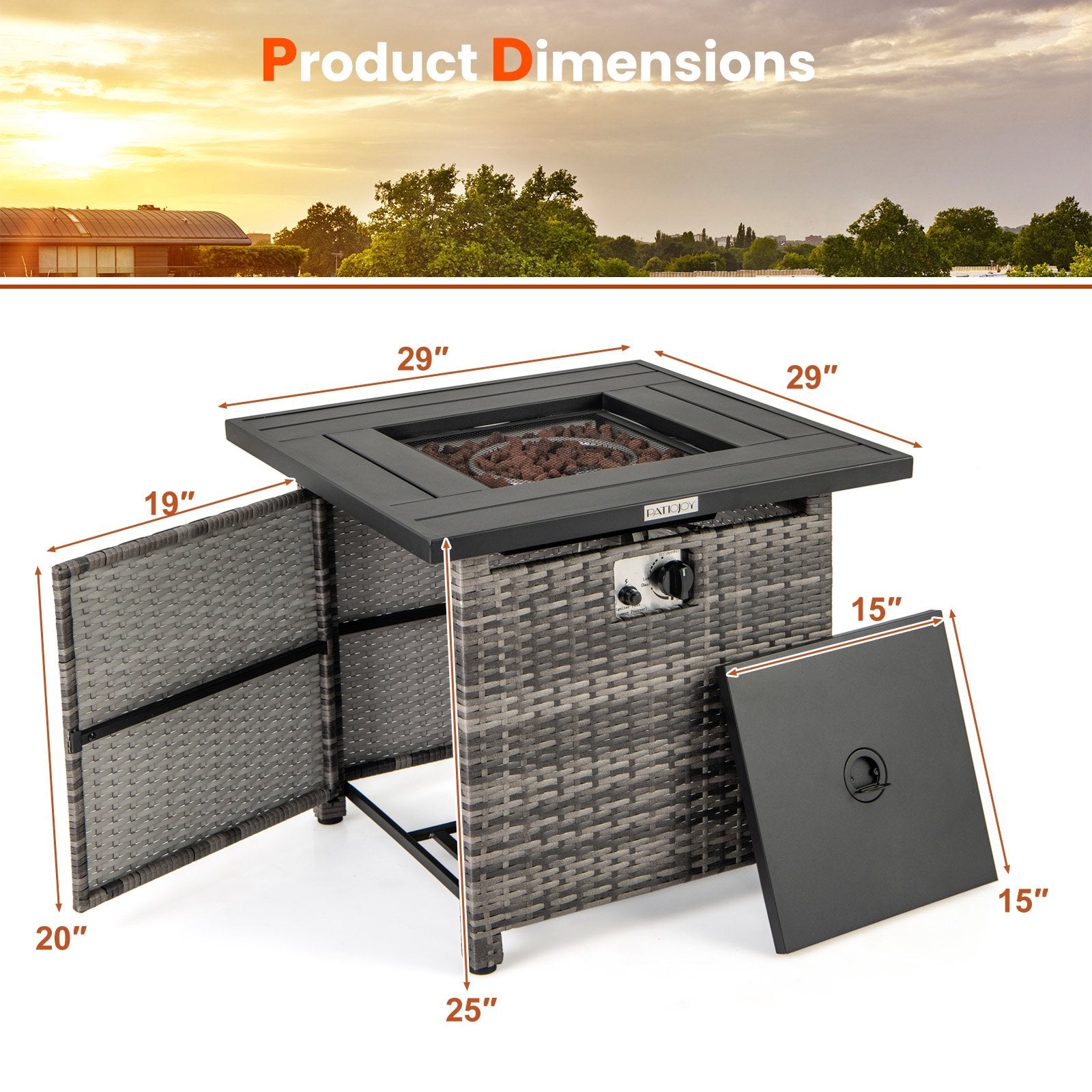 29 Inch Propane Rattan Fire pit Table with Lava Rocks and Protective Cover, Gray Fire Pit Tables   at Gallery Canada