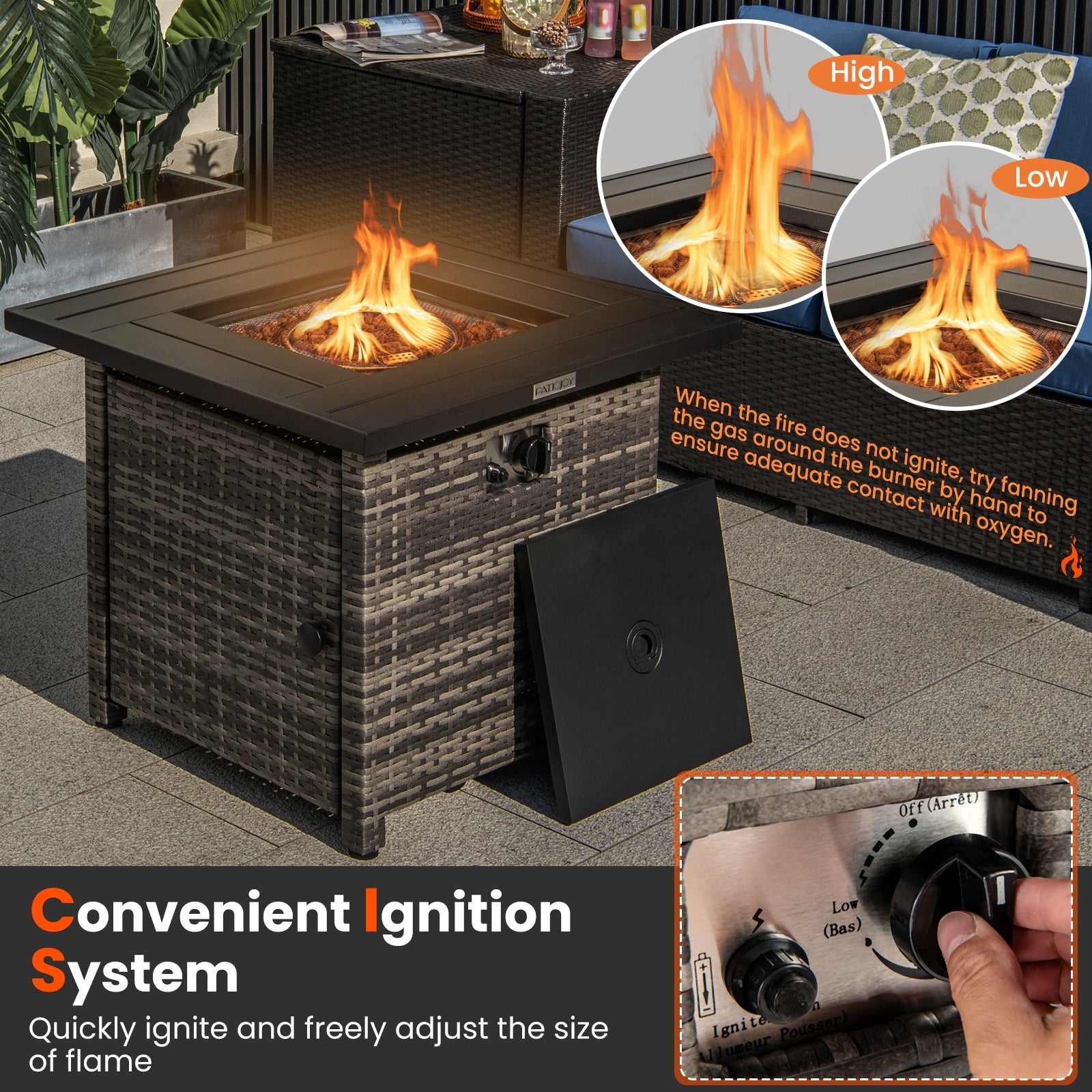 29 Inch Propane Rattan Fire pit Table with Lava Rocks and Protective Cover, Gray Fire Pit Tables   at Gallery Canada