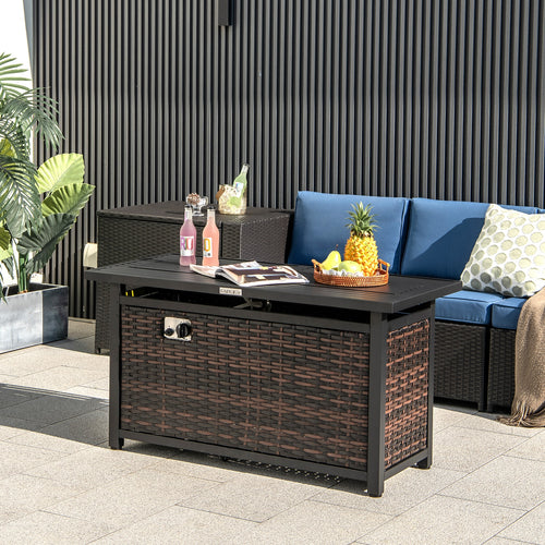 45 Inch Propane Rattan Firepit Table with Glass Stones and Protective Cover-Mixed Brown, Brown
