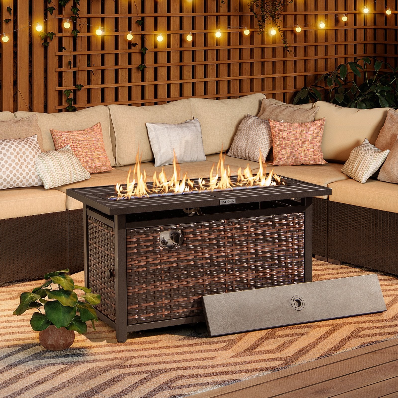 45 Inch Propane Rattan Fire pit Table with Glass Stones and Protective Cover-Mixed Brown, Brown Fire Pit Tables   at Gallery Canada