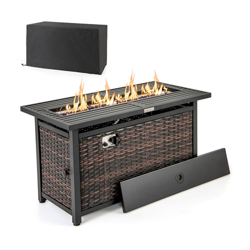 45 Inch Propane Rattan Firepit Table with Glass Stones and Protective Cover-Mixed Brown, Brown