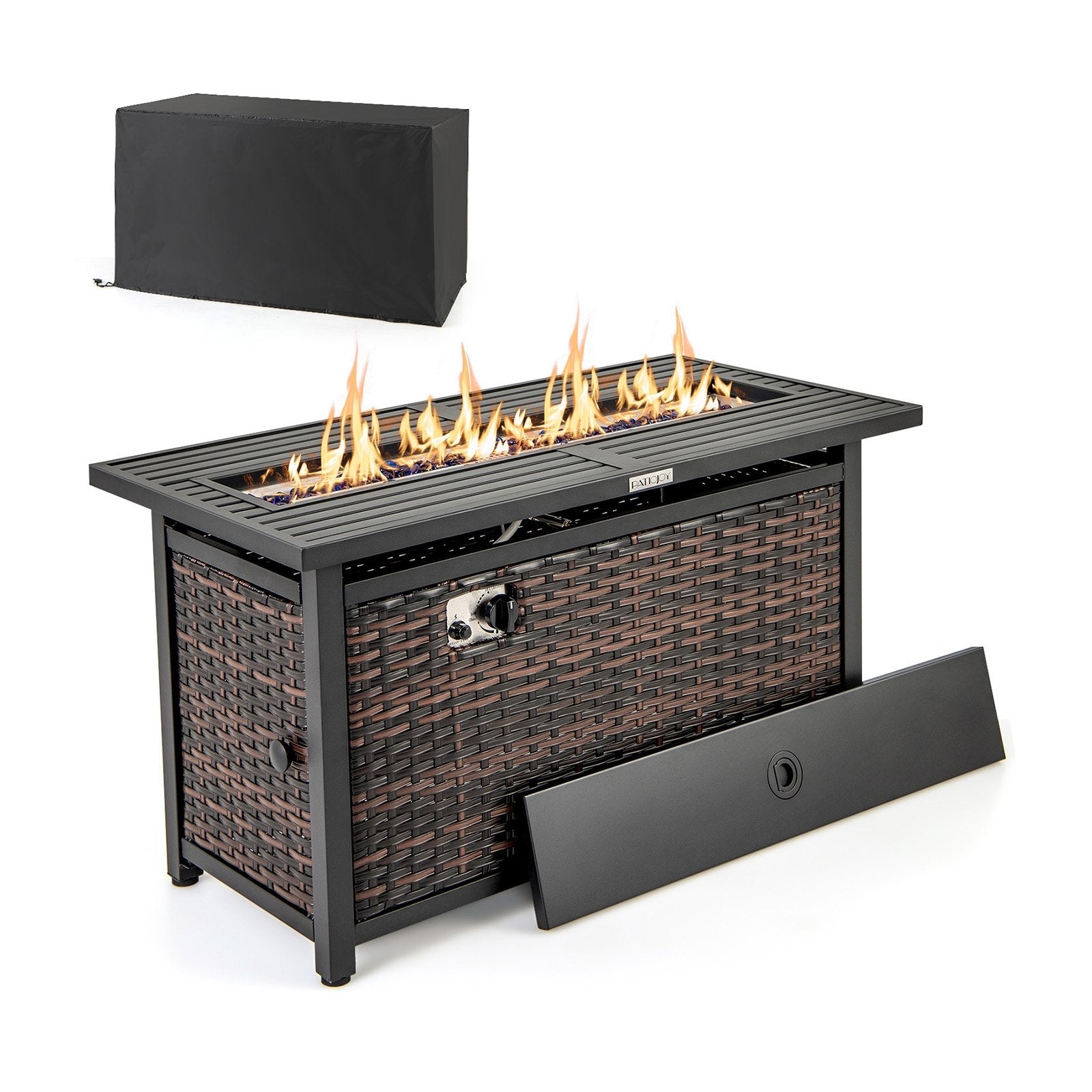 45 Inch Propane Rattan Firepit Table with Glass Stones and Protective Cover-Mixed Brown, Brown Fire Pit Tables Brown at Gallery Canada