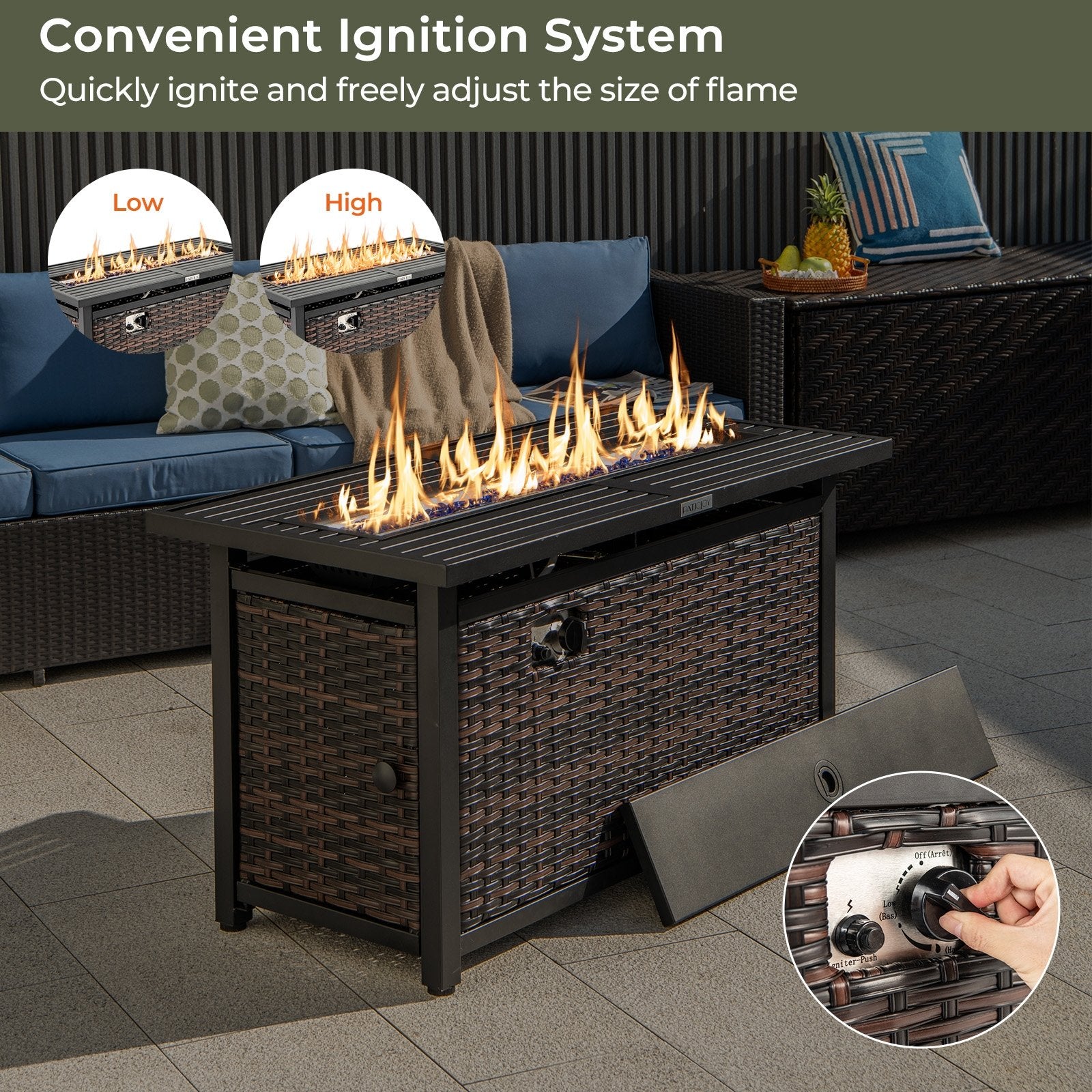 45 Inch Propane Rattan Fire pit Table with Glass Stones and Protective Cover-Mixed Brown, Brown Fire Pit Tables   at Gallery Canada