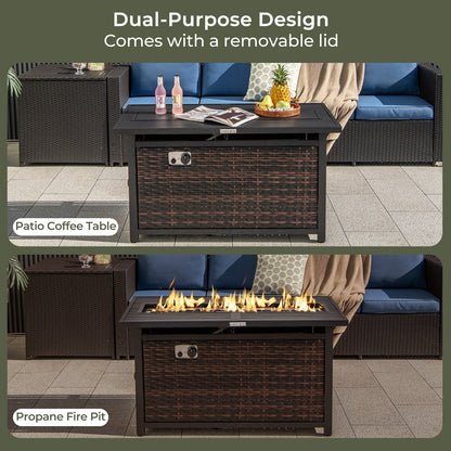 45 Inch Propane Rattan Fire pit Table with Glass Stones and Protective Cover-Mixed Brown, Brown Fire Pit Tables   at Gallery Canada