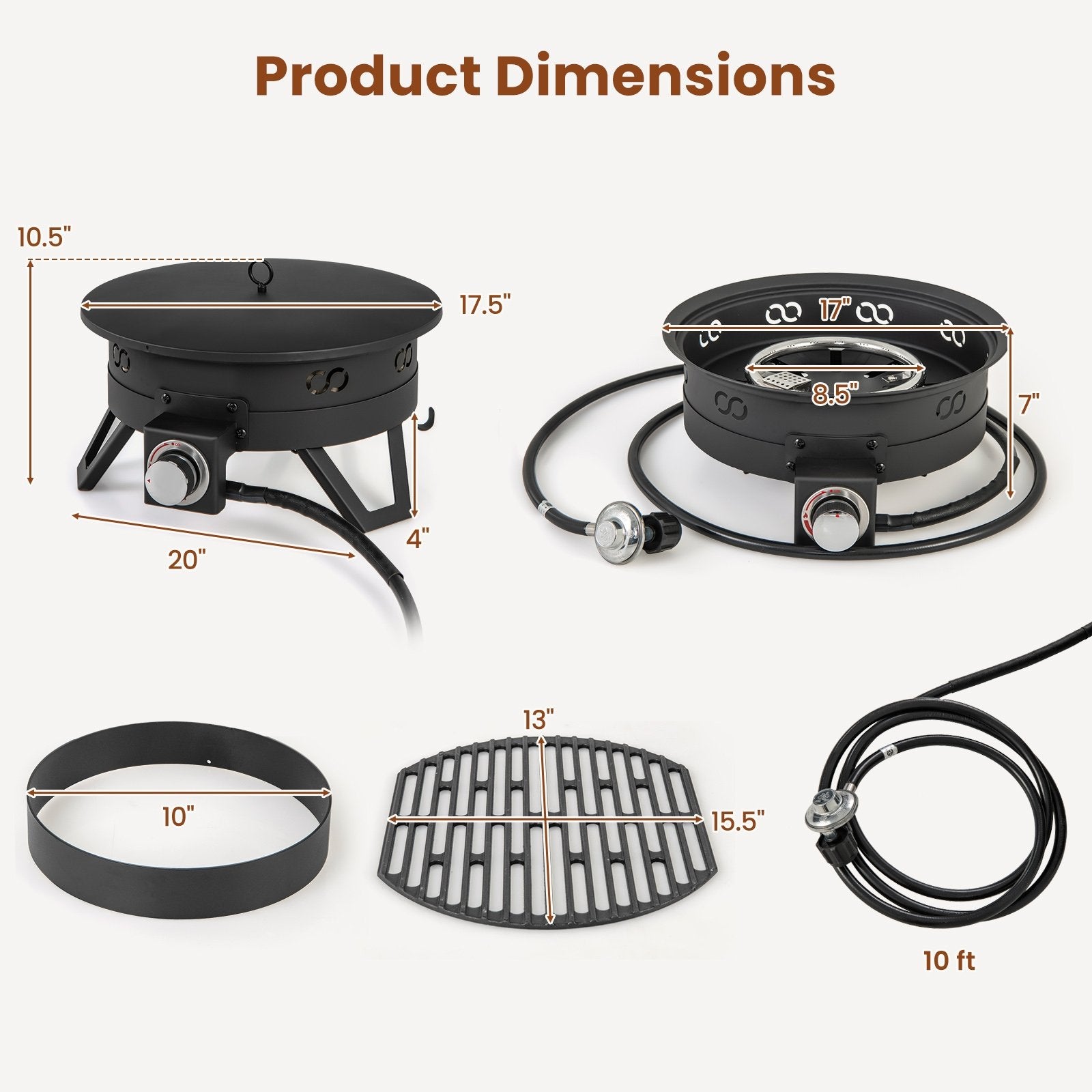 17 Inch Portable Gas Fire Pit with Folding Legs and Removable Grill for Camping, Black Fire Pits   at Gallery Canada