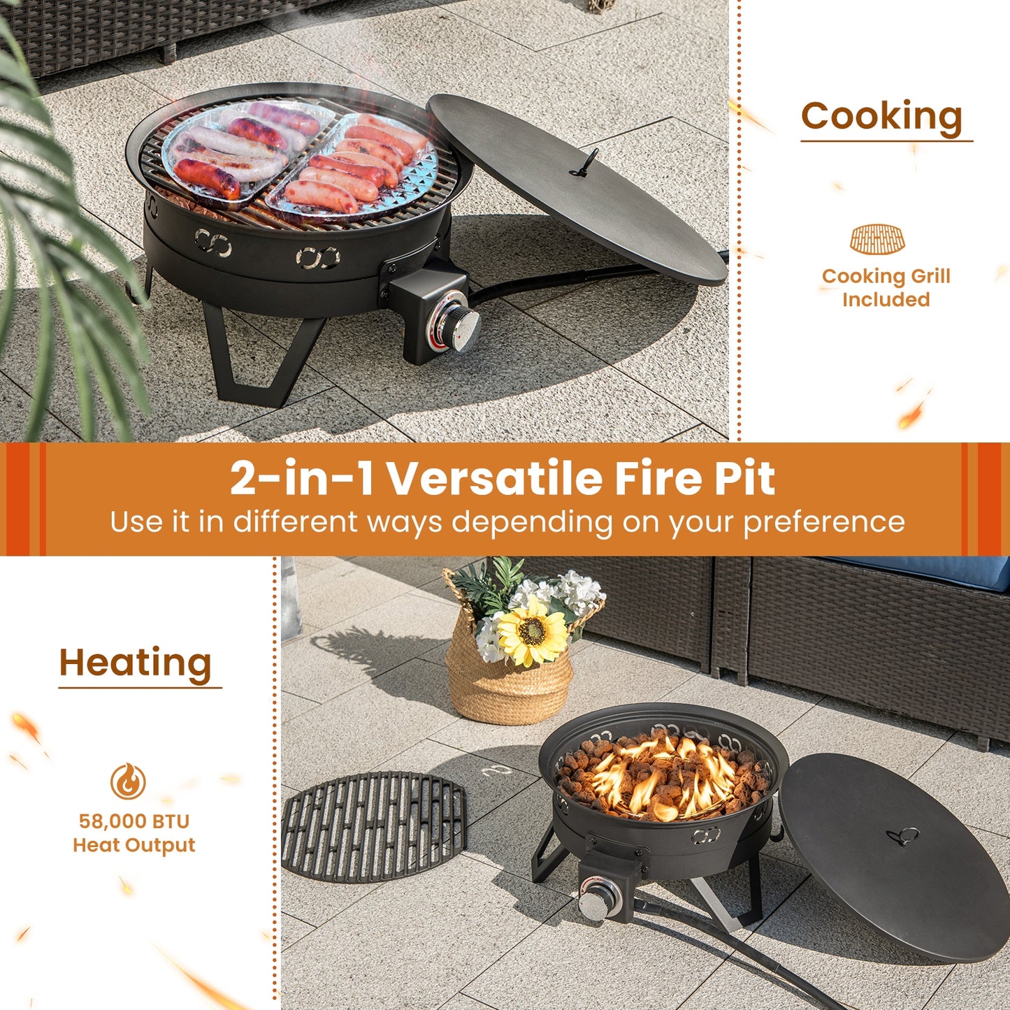 17 Inch Portable Gas Fire Pit with Folding Legs and Removable Grill for Camping, Black Fire Pits   at Gallery Canada