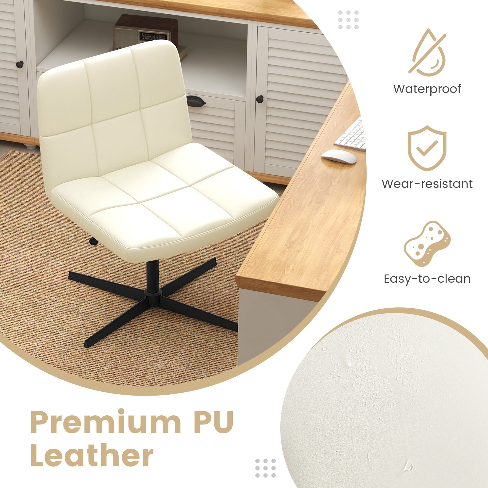 PU Leather Upholstered Cross-legged Office Chair with Oversized U-shaped Seat for Home Office Make Up, Beige Armless Chairs   at Gallery Canada