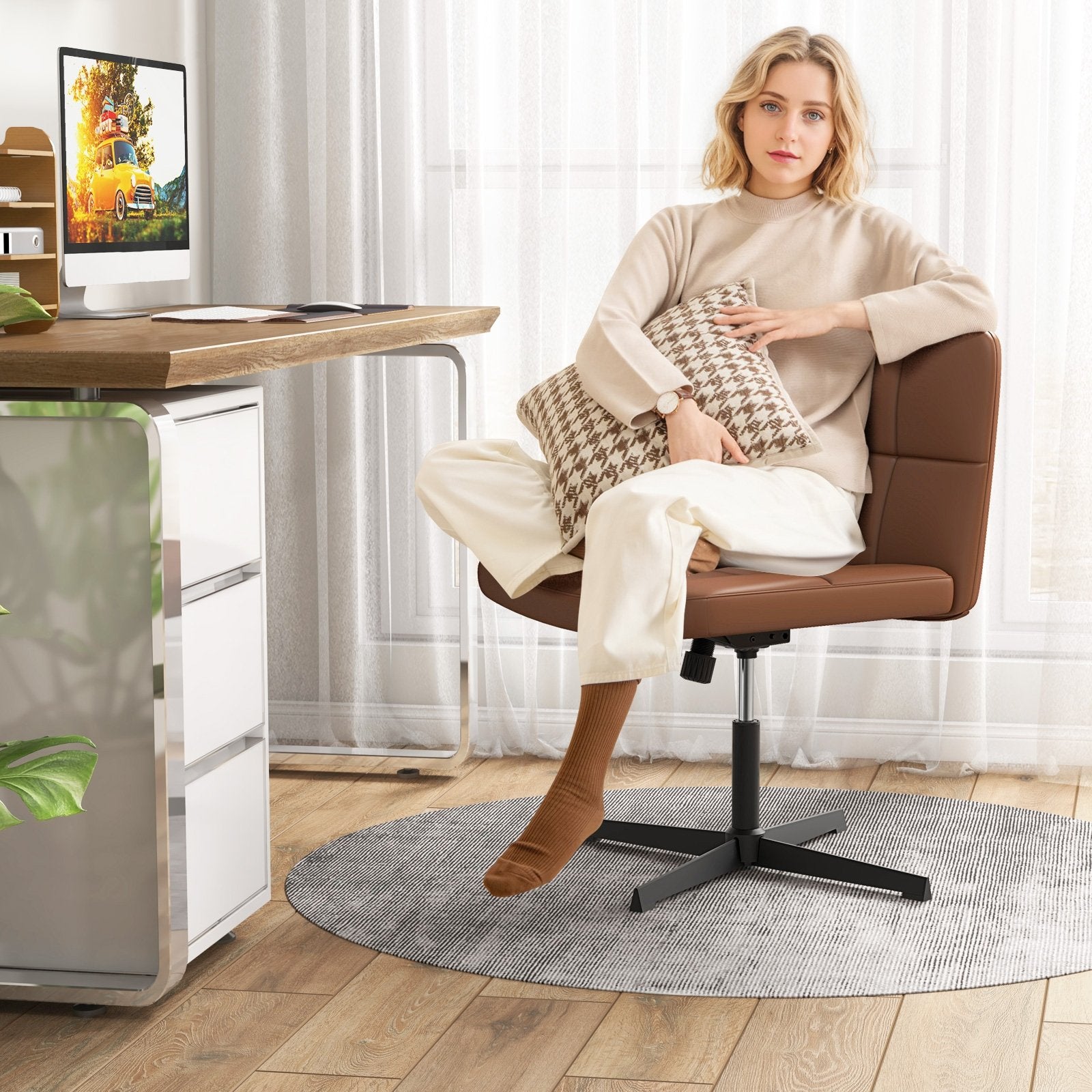 PU Leather Upholstered Cross-legged Office Chair with Oversized U-shaped Seat for Home Office Make Up, Brown Armless Chairs   at Gallery Canada