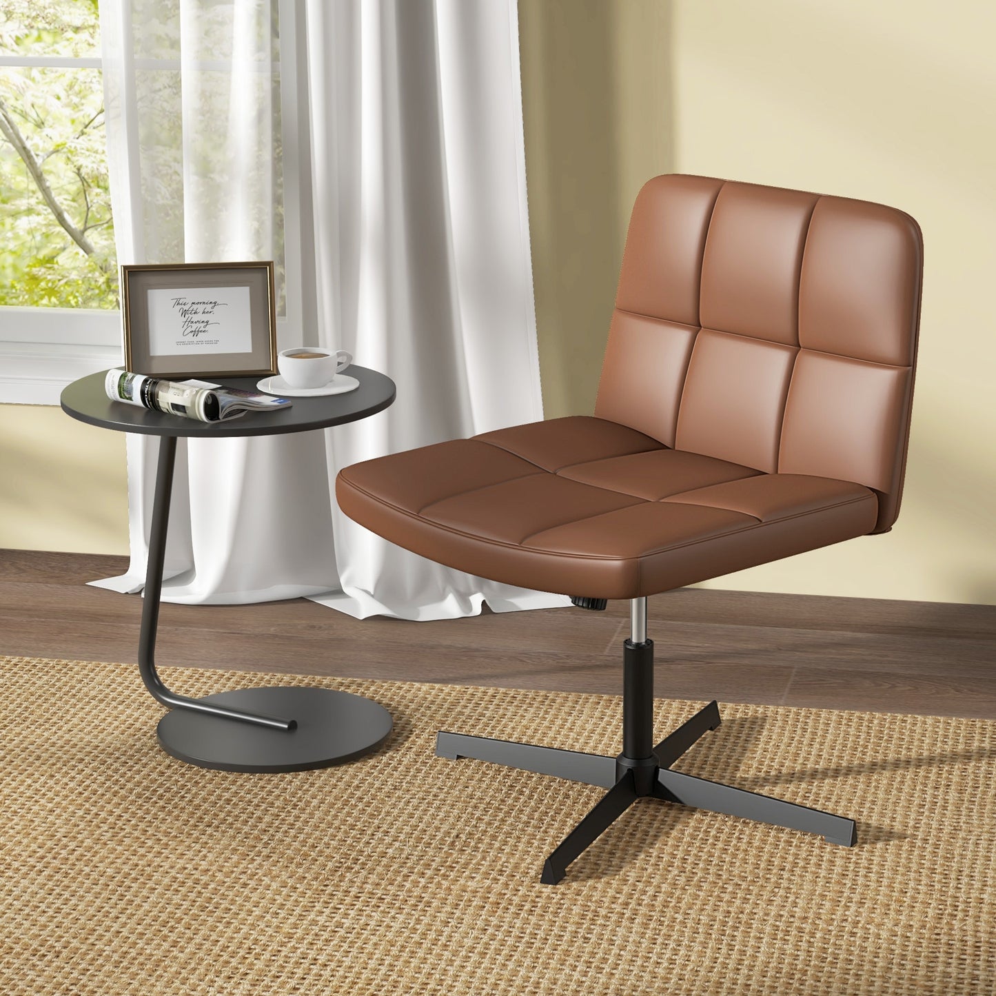 PU Leather Upholstered Cross-legged Office Chair with Oversized U-shaped Seat for Home Office Make Up, Brown Armless Chairs   at Gallery Canada