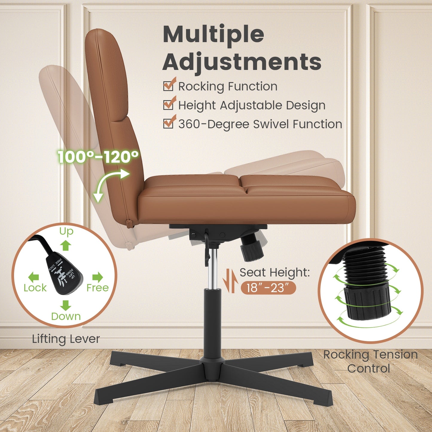 PU Leather Upholstered Cross-legged Office Chair with Oversized U-shaped Seat for Home Office Make Up, Brown Armless Chairs   at Gallery Canada