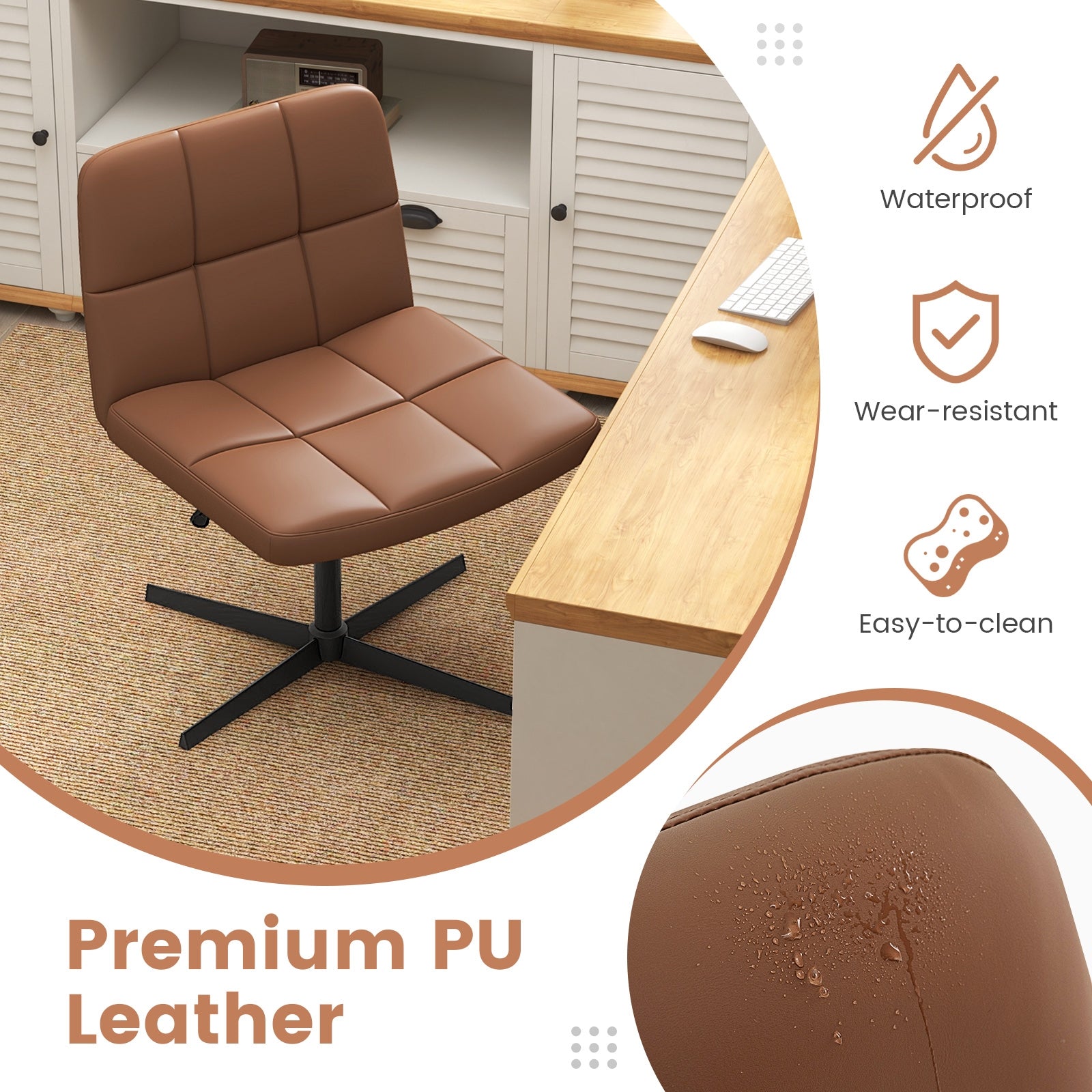 PU Leather Upholstered Cross-legged Office Chair with Oversized U-shaped Seat for Home Office Make Up, Brown Armless Chairs   at Gallery Canada