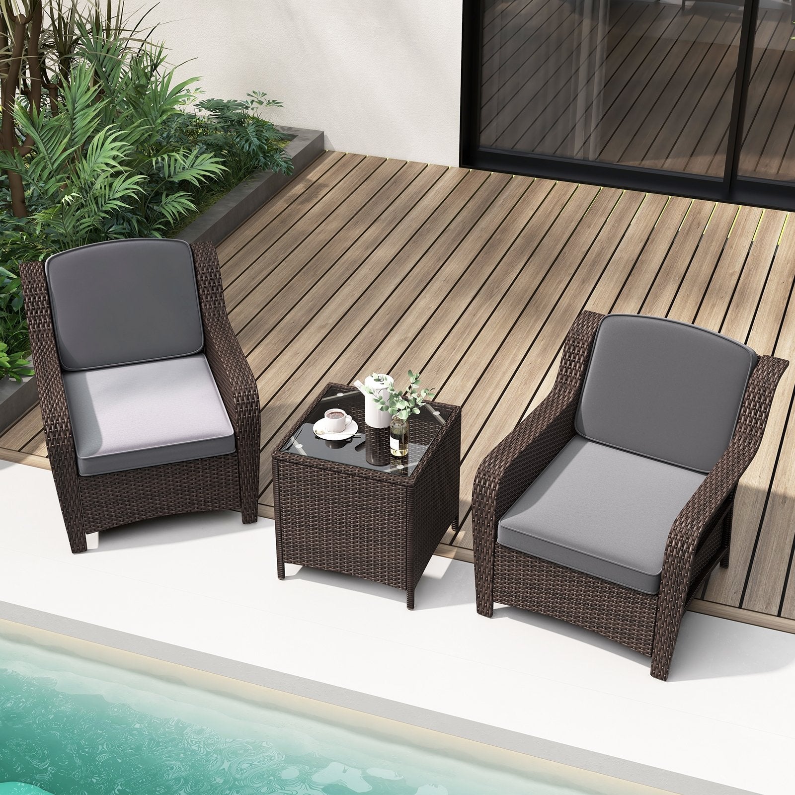 3 Pieces Outdoor Rattan Furniture Set with Cushions and Tempered Glass Coffee Table, Gray Patio Conversation Sets   at Gallery Canada