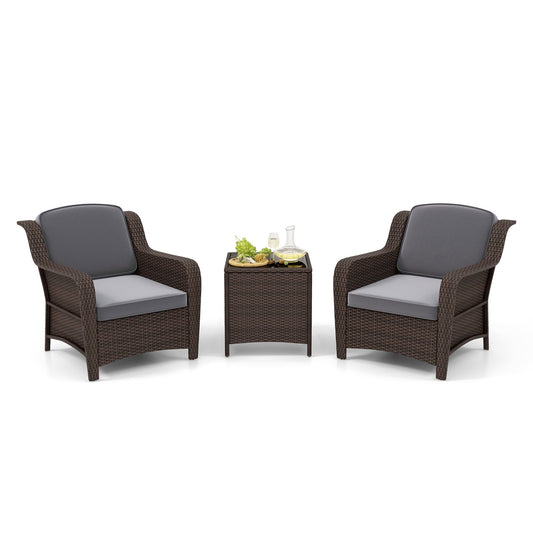3 Pieces Outdoor Rattan Furniture Set with Cushions and Tempered Glass Coffee Table, Gray Patio Conversation Sets Gray  at Gallery Canada