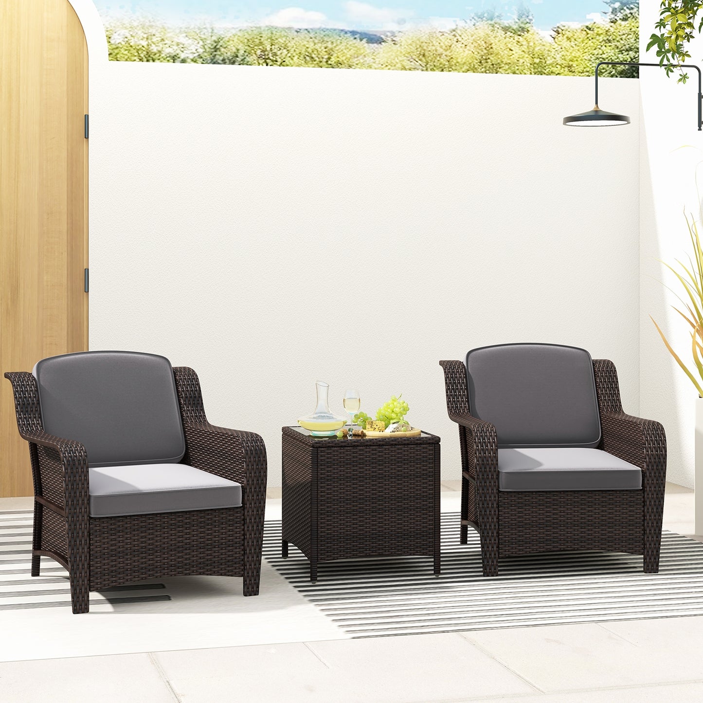 3 Pieces Outdoor Rattan Furniture Set with Cushions and Tempered Glass Coffee Table, Gray Patio Conversation Sets   at Gallery Canada