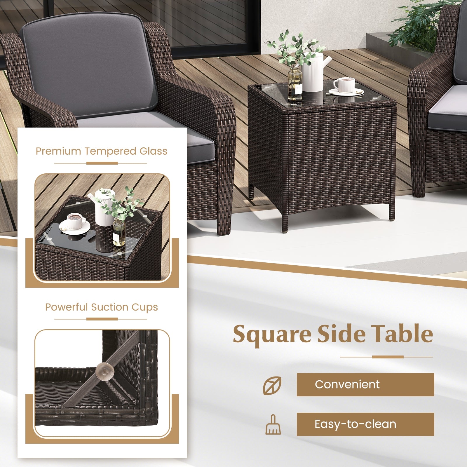 3 Pieces Outdoor Rattan Furniture Set with Cushions and Tempered Glass Coffee Table, Gray Patio Conversation Sets   at Gallery Canada