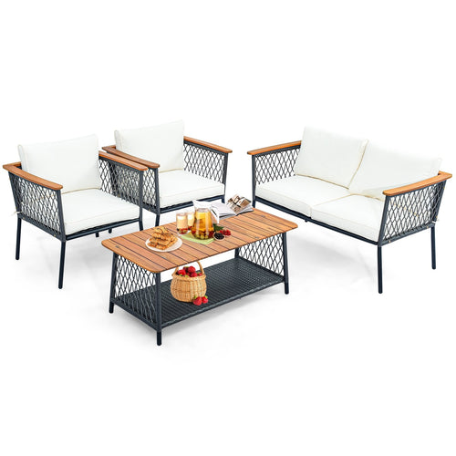 4 Piece Patio Rattan Furniture Set with 2-Tier Coffee Table, White