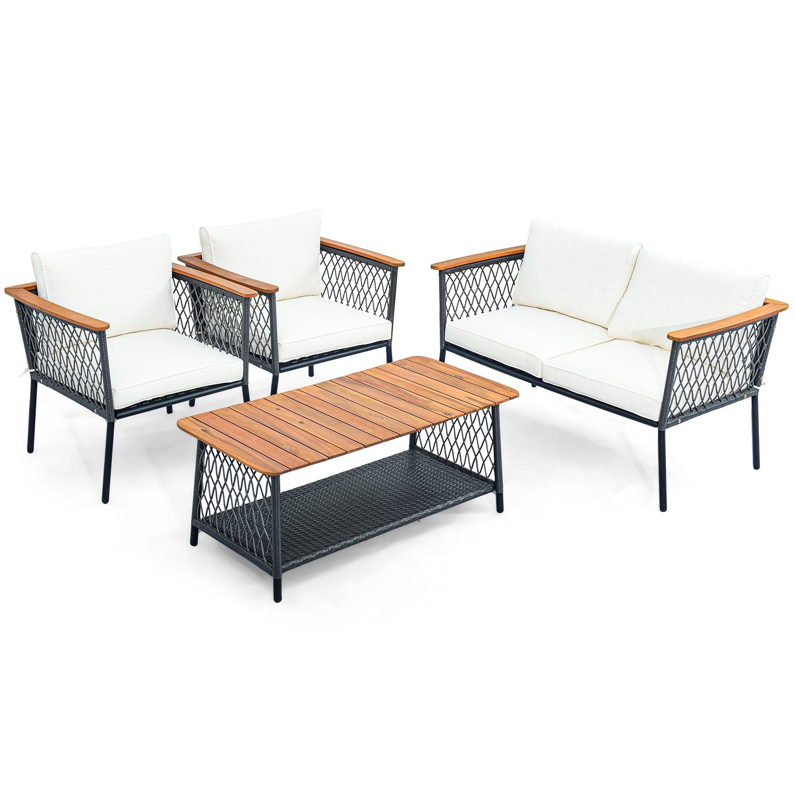 4 Piece Patio Rattan Furniture Set with 2-Tier Coffee Table, White Patio Conversation Sets   at Gallery Canada