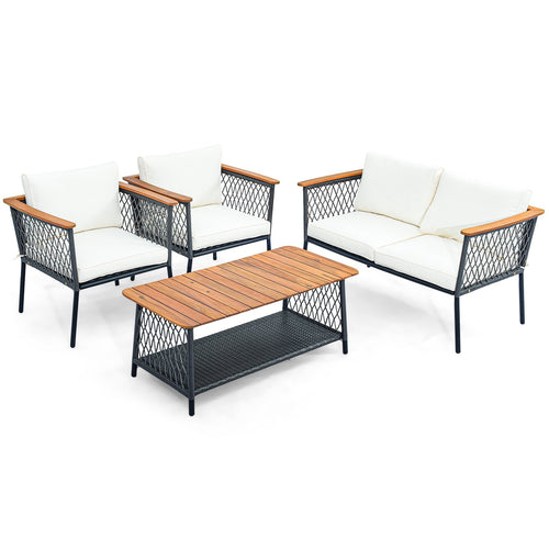 4 Piece Patio Rattan Furniture Set with 2-Tier Coffee Table, White