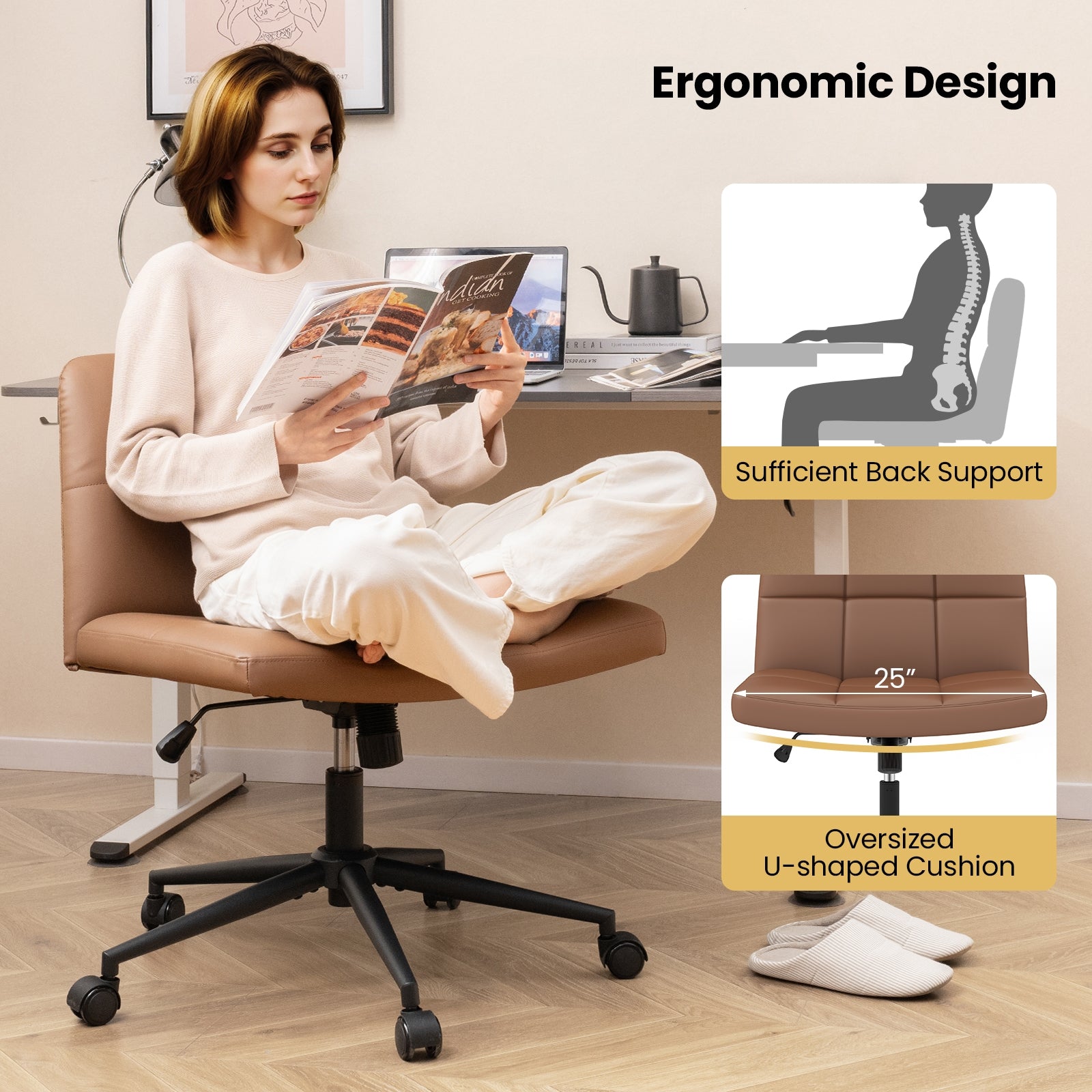 Height-adjustable Armless Desk Chair with Wheels for Home Office Make Up, Brown Armless Chairs   at Gallery Canada