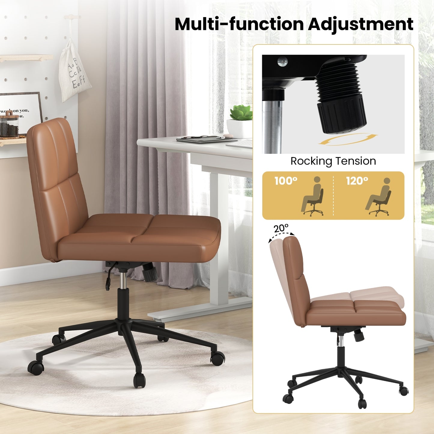 Height-adjustable Armless Desk Chair with Wheels for Home Office Make Up, Brown Armless Chairs   at Gallery Canada