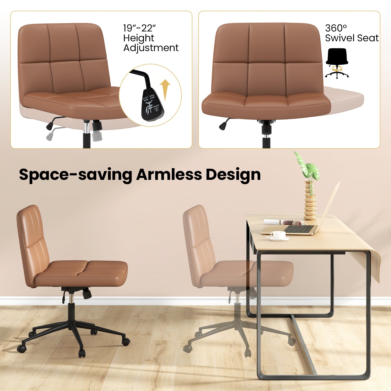 Height-adjustable Armless Desk Chair with Wheels for Home Office Make Up, Brown Armless Chairs   at Gallery Canada