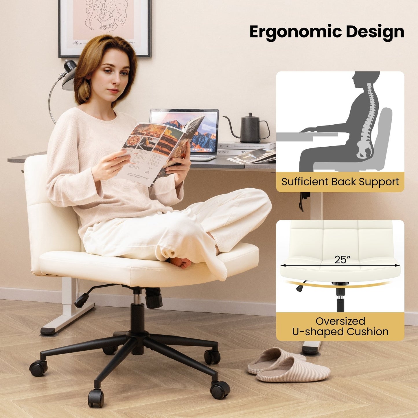 Height-adjustable Armless Desk Chair with Wheels for Home Office Make Up, Beige Armless Chairs   at Gallery Canada