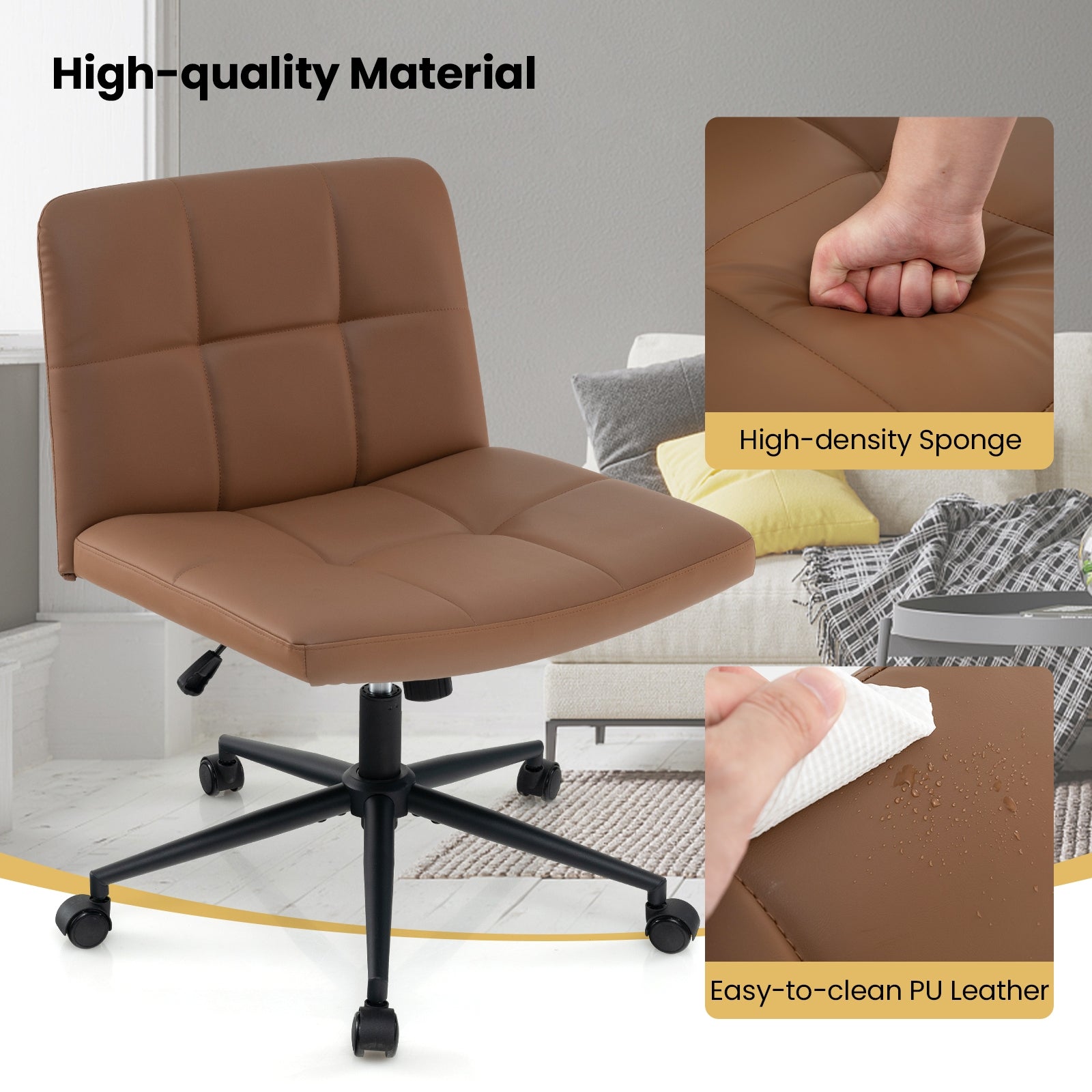 Height-adjustable Armless Desk Chair with Wheels for Home Office Make Up, Brown Armless Chairs   at Gallery Canada