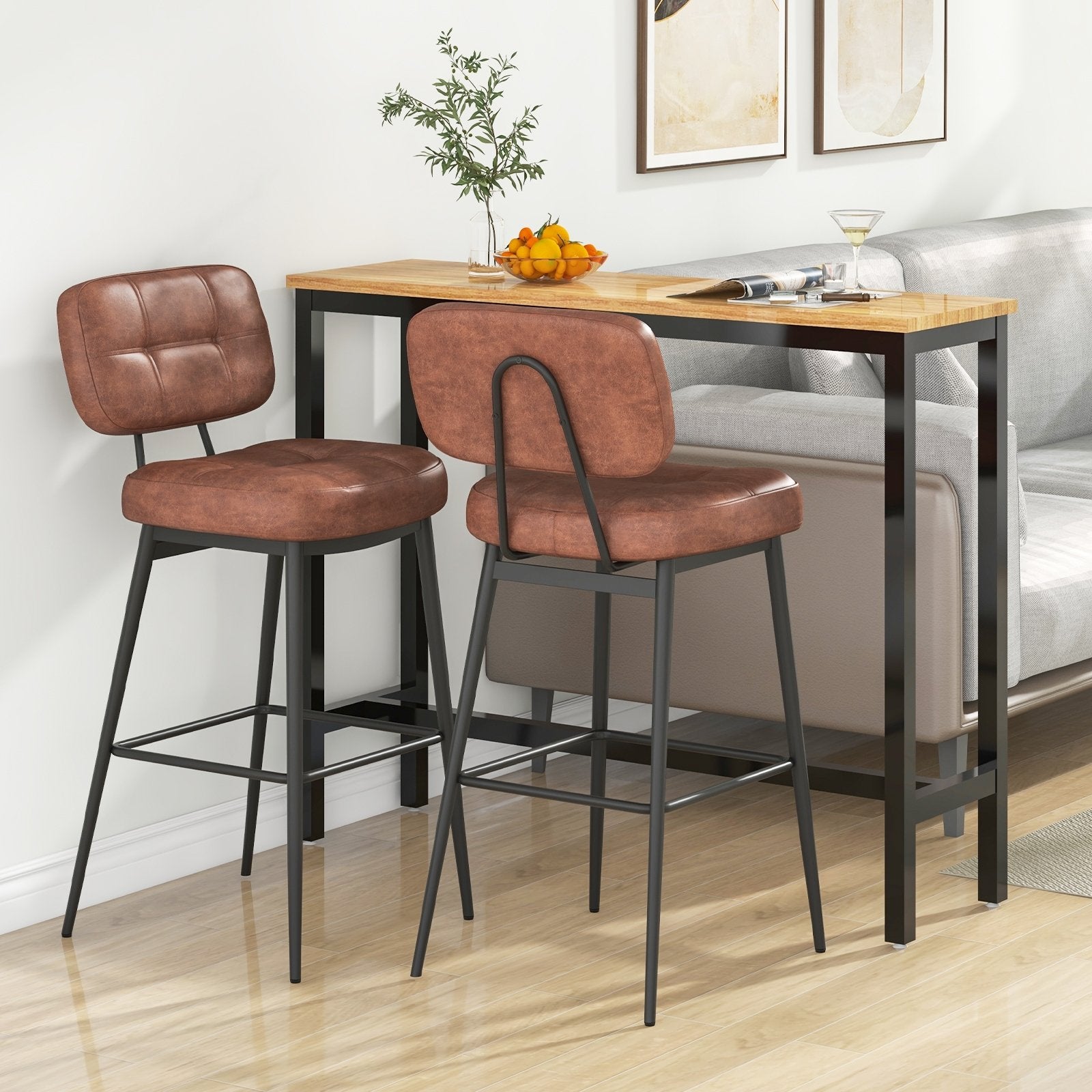 Set of 2 Bar Stools with Padded Seat and Footrest for Kitchen Island-Brown and Black, Brown Bar Stools   at Gallery Canada