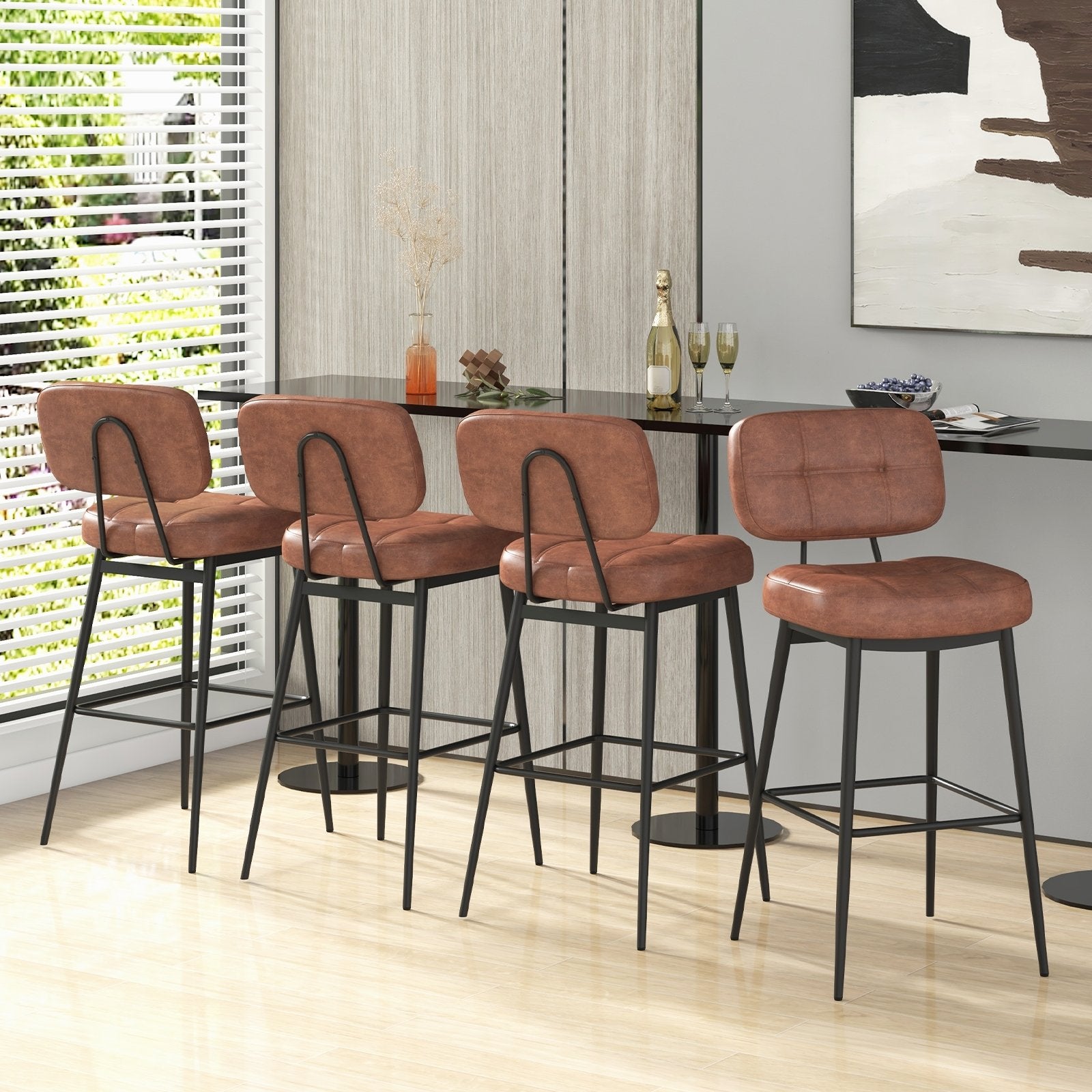 Set of 2 Bar Stools with Padded Seat and Footrest for Kitchen Island-Brown and Black, Brown Bar Stools   at Gallery Canada