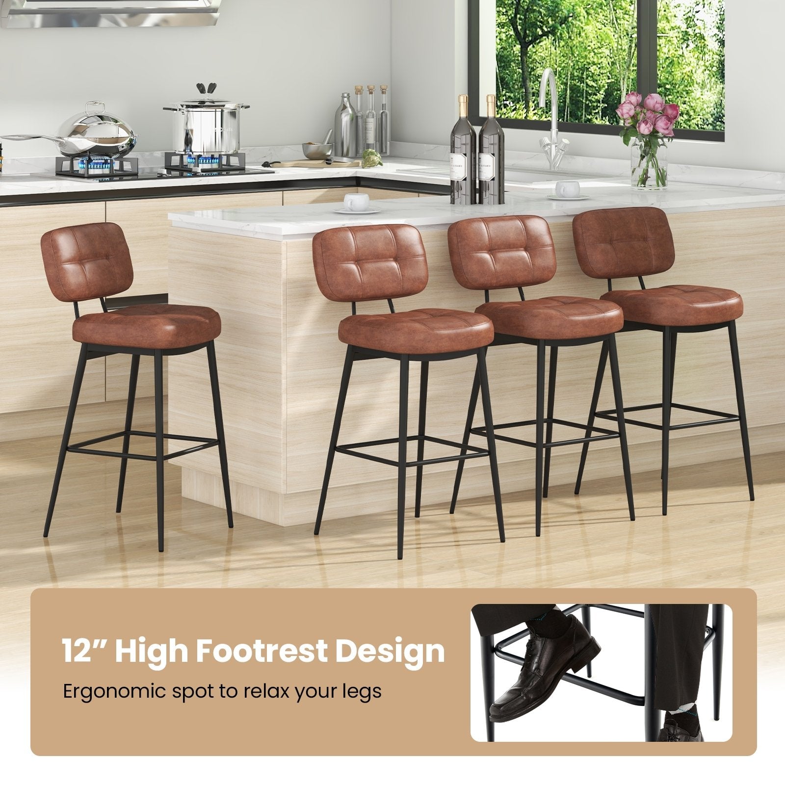 Set of 2 Bar Stools with Padded Seat and Footrest for Kitchen Island-Brown and Black, Brown Bar Stools   at Gallery Canada