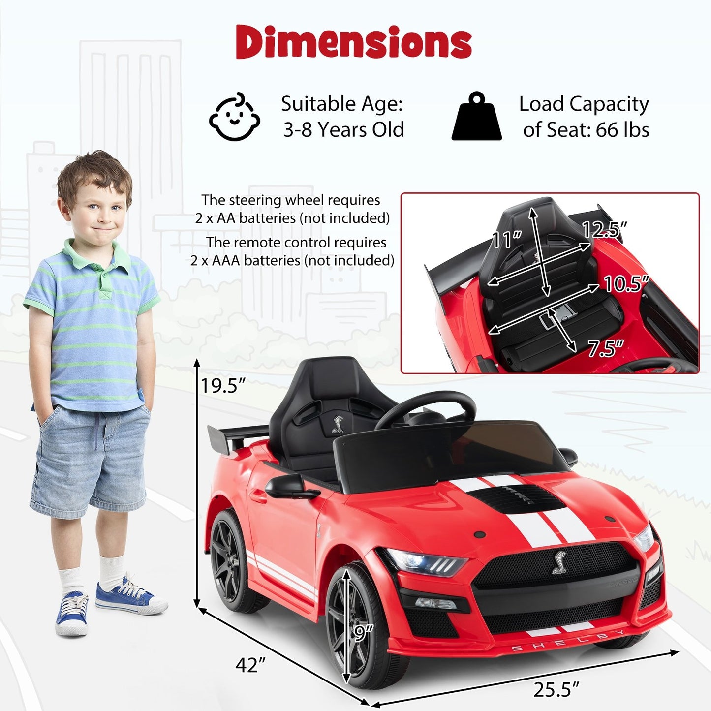 12V Licensed Ford Mustang Shelby GT500 Kids Ride on Car with Remote Control for Kids Aged 3-8, Red Powered Ride On Toys   at Gallery Canada